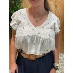Camisa Panel de Abeja Volantes Bordado Hojas