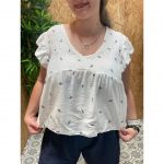 Camisa Panel de Abeja Volantes Bordado Hojas