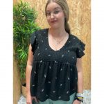 Camisa Panel de Abeja Volantes Bordado Hojas