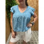 Camisa Panel de Abeja Volantes Bordado Hojas