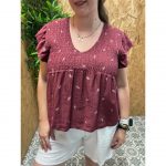 Camisa Panel de Abeja Volantes Bordado Hojas