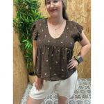 Camisa Panel de Abeja Volantes Bordado Hojas