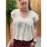 Camisa Panel de Abeja Volantes Bordado Hojas