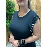Vestido Básico Manga Hueca con Perlas