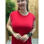 Vestido Básico Manga Hueca con Perlas