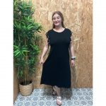 Vestido Básico Manga Hueca con Perlas