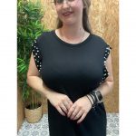 Vestido Básico Manga Hueca con Perlas