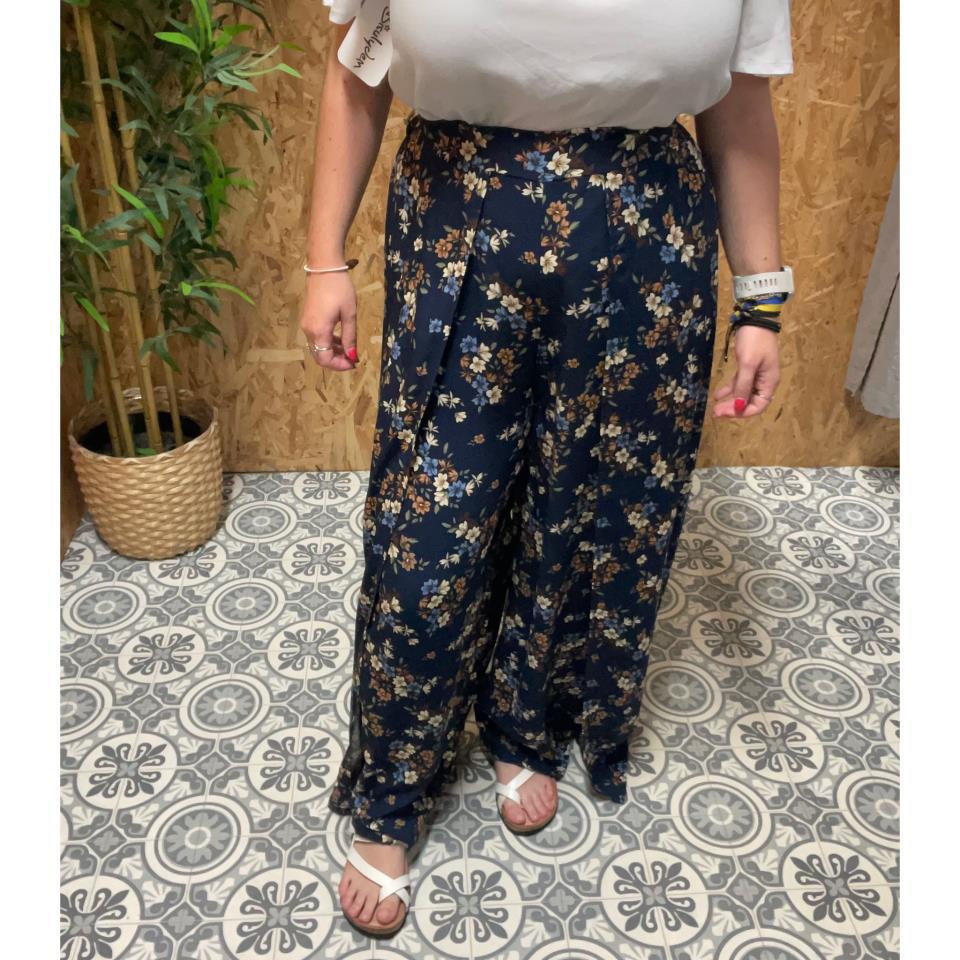 Pantalón Estampado Flores Abertura Lateral