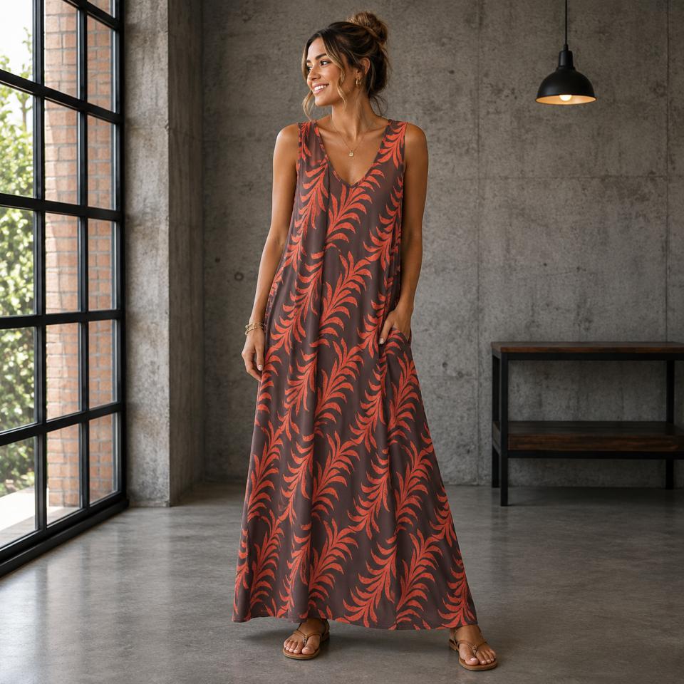 Vestido en Pico Estampado Hojas Lycra Fría