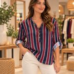 Camisa de Rayas Verticales Escote en Pico